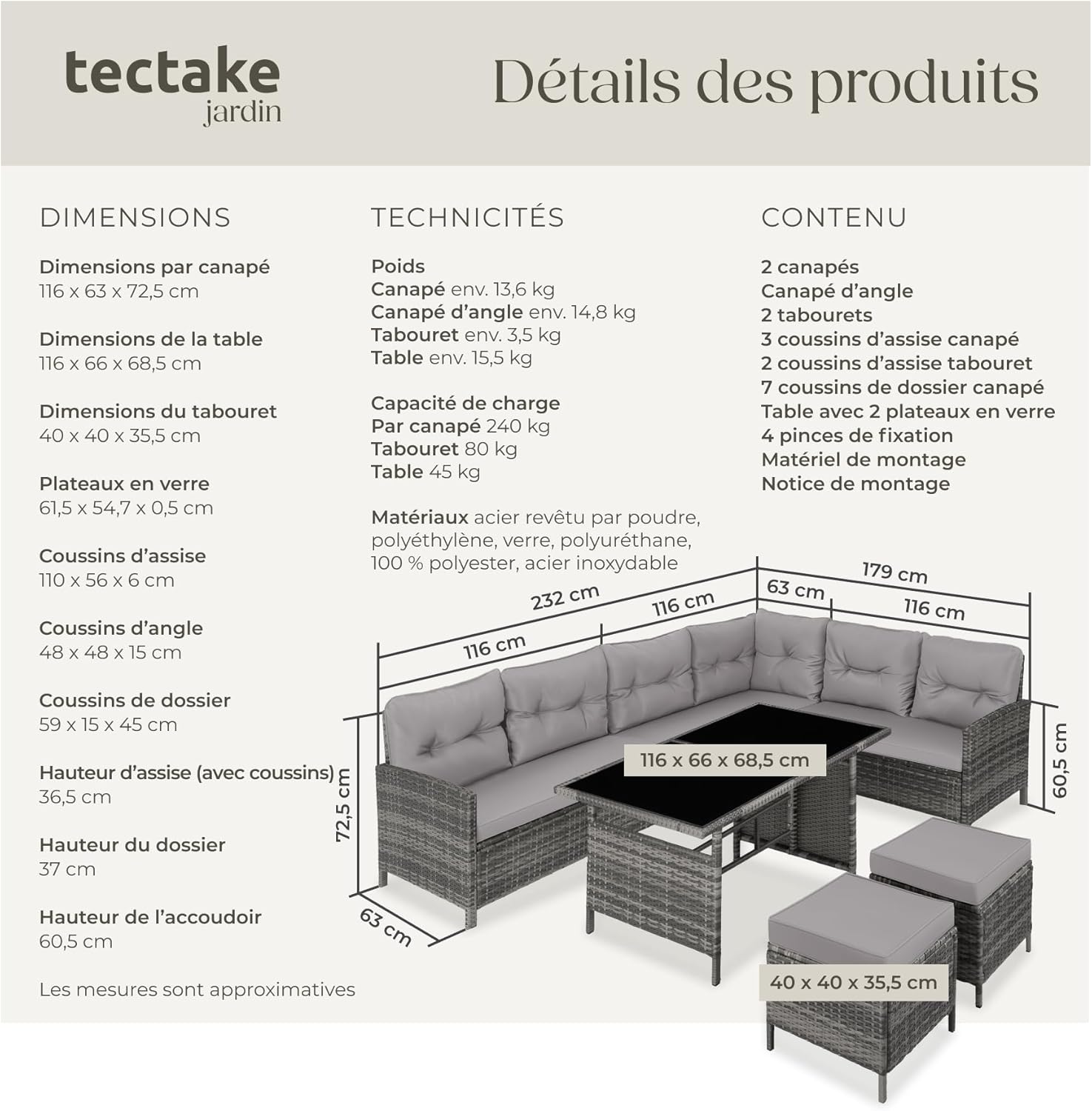 Tectake - Ensemble modulable rotin, canapé d’angle, table verre, poufs, coussins, 220x150x70 cm