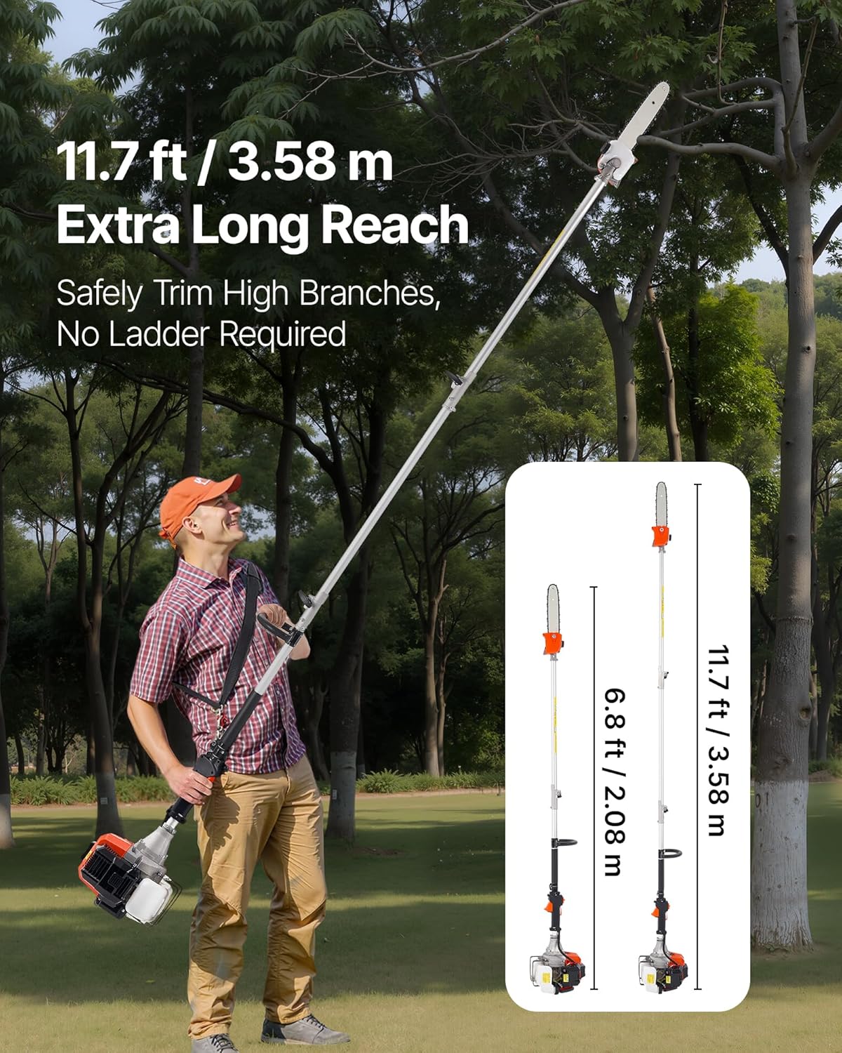 VEVOR - élagueuse thermique sur perche 43cc - 2,08-3,58m - sans fil, guide 25,4cm, réservoir 850ml