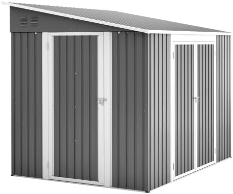 Abri en métal de 6 x 8 Pieds avec Double Portes et Serrure - Abri de Jardin imperméable avec kit de Sol pour Jardin, terrasse, Cour arrière, Environ 1,8 x 2,4 m, Gris