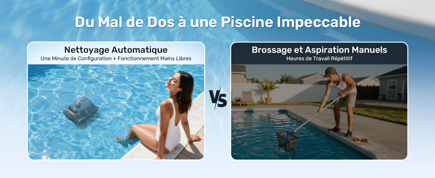 Série de scènes d'entretien ou de nettoyage de piscines montrant des équipements utilisés dans des piscines extérieures aux eaux bleues claires.