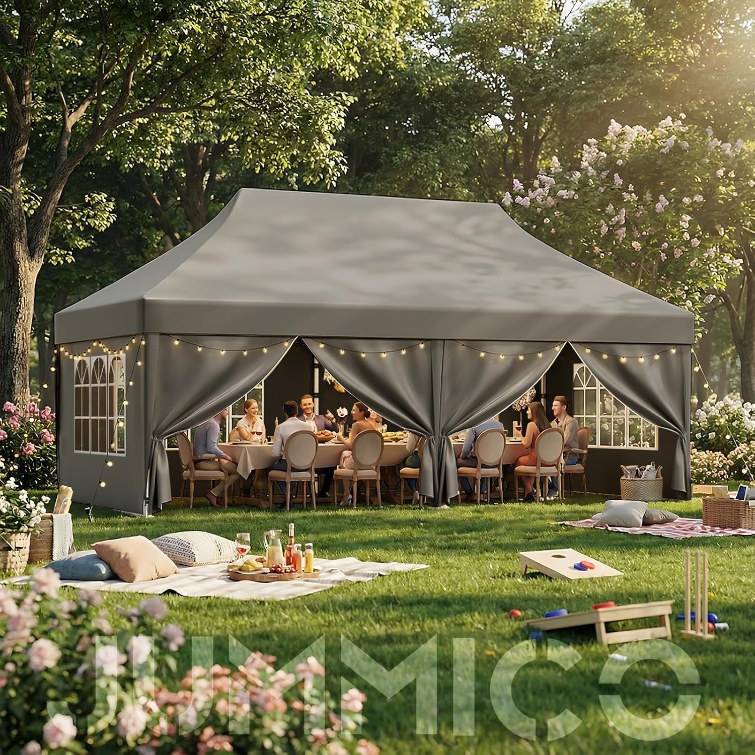 JUMMICO - Tonnelle pliante série 3x6m, hauteur intérieure +10cm, toile imperméable, gris