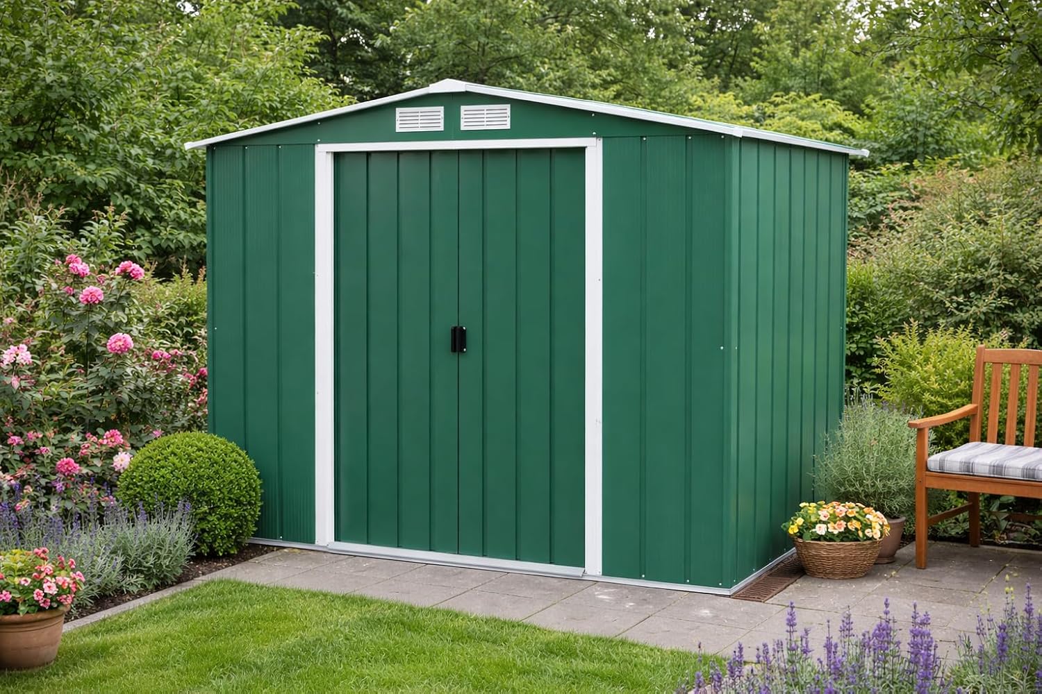 Duramax ECO 8 x 8 (5.89 m²) Abri de Jardin en Métal Galvanisé à Chaud, Abri de Stockage d'Outils, Structure de Toit Renforcée, Abri en Métal Sans Entretien, Vert