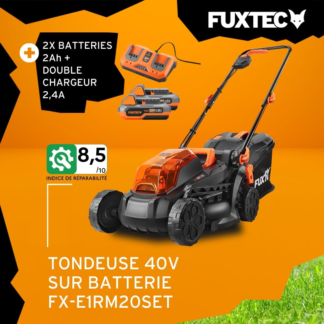 FUXTEC - tondeuse à gazon batterie 40V, 33cm, 2Ah, double chargeur FX-E1RM20