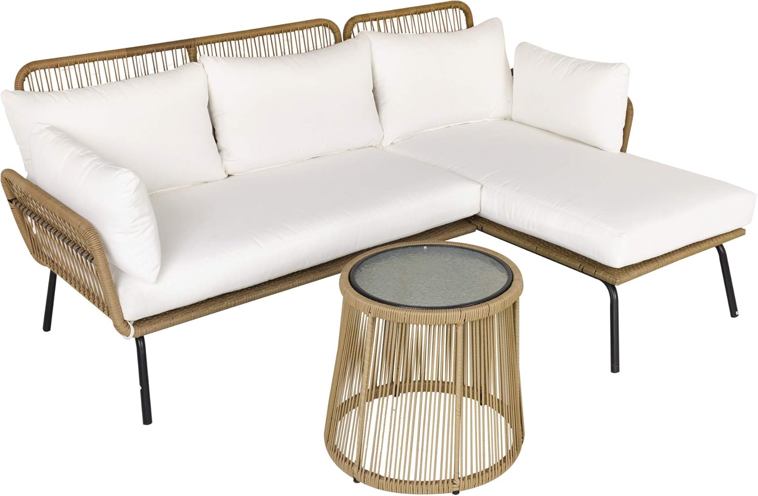 Outsunny - salon de jardin d'angle 4 places résine tressée - table basse, coussins confort, crème