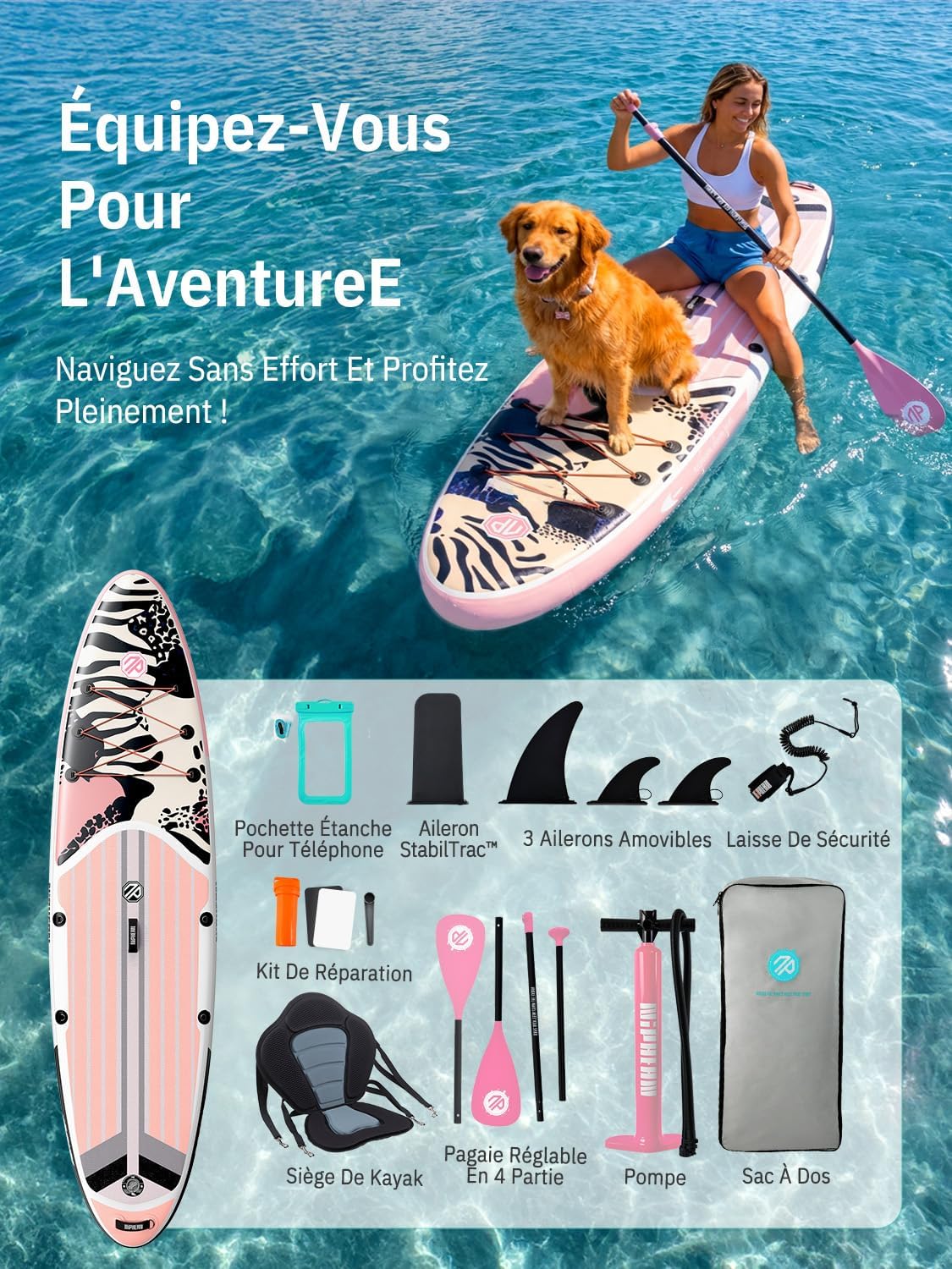 Niphean Paddle Gonflable Adulte avec Tous Les Accessoires, 320cm Planches de Stand Up Paddle Gonflables pour Tous Les Niveaux, Sup avec Capacité 200 kg pour 2 Personnes, Paddle Gonflable avec Siège