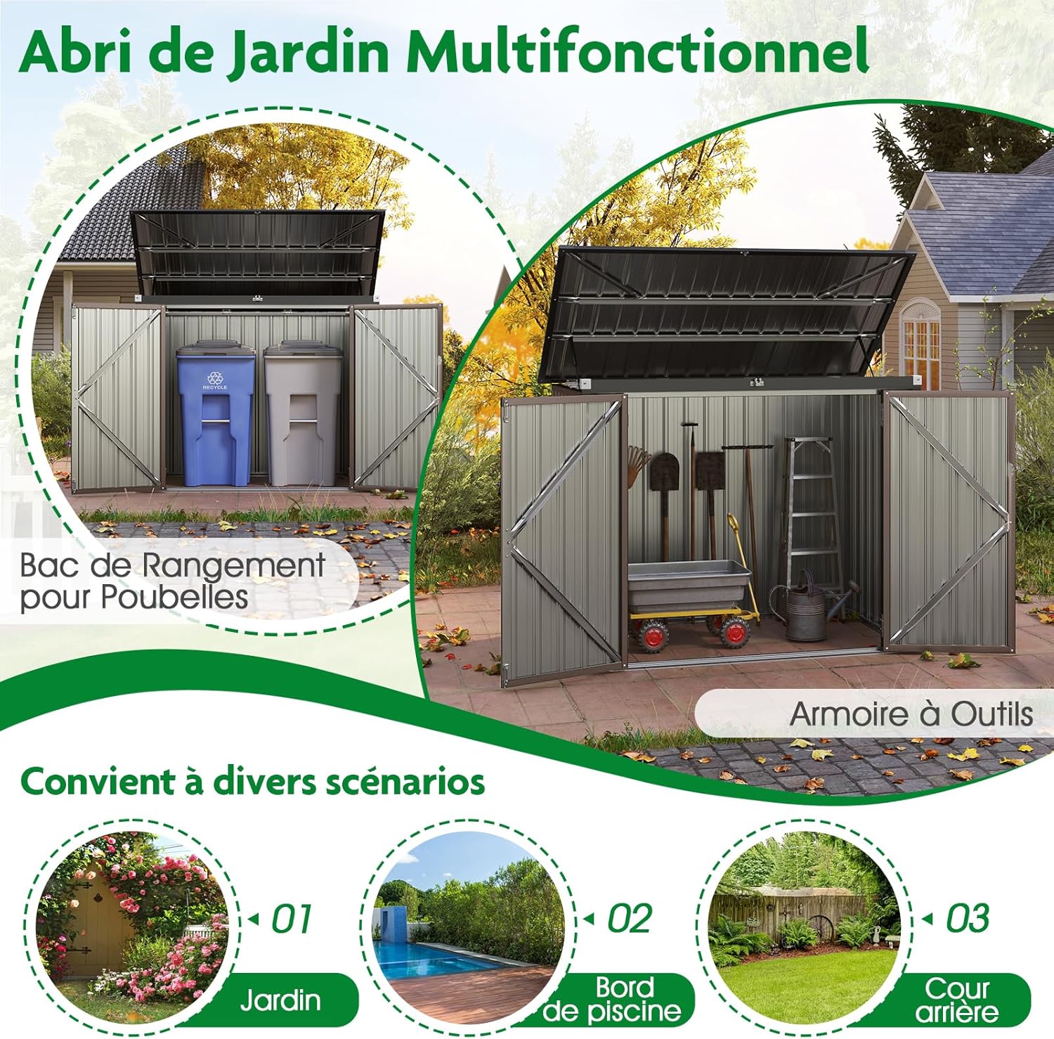 RELAX4LIFE - abri de jardin métal 172x100x129 cm, portes doubles, couvercle relevable