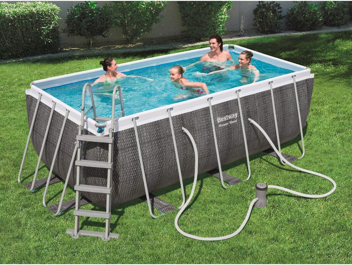 Bestway 56722 Power Steel - Piscine hors sol rectangulaire, 412 x 201 x 122 cm, échelle de sécurité et distributeur chimique ChemConnect, effet rotin gris