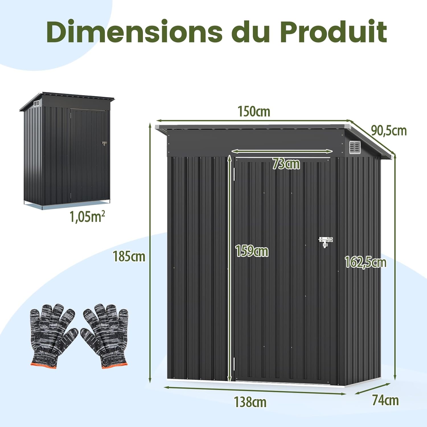 RELAX4LIFE - abri de jardin acier galva 150x88x185cm, toit incliné, porte, gants