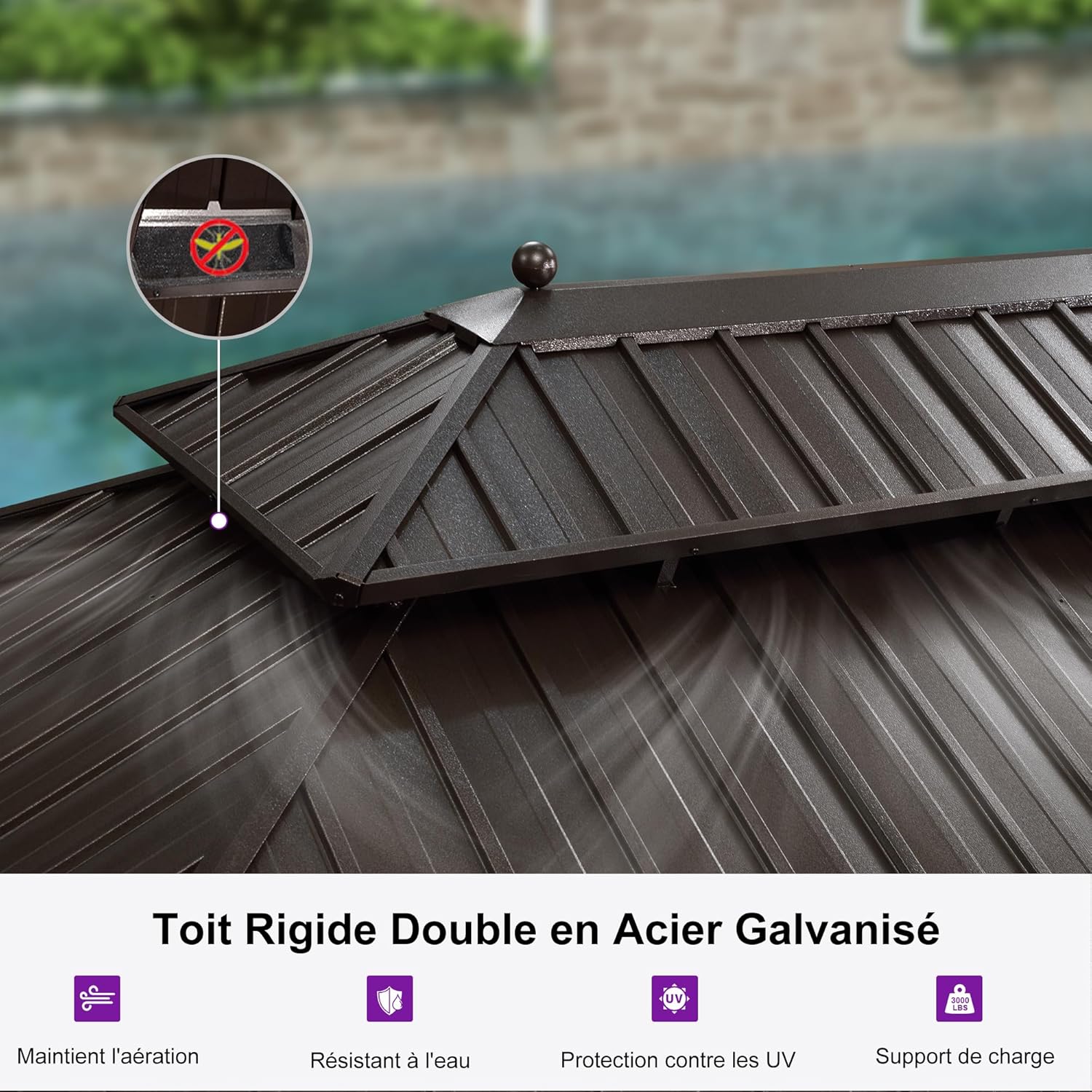 PURPLE LEAF - Pergola toit double 4,85x3,65m acier moustiquaire rideaux