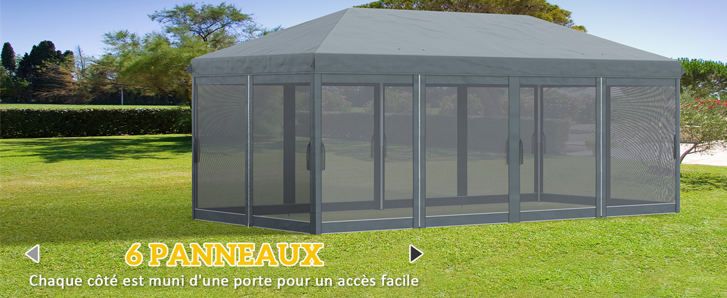 Grande tente extérieure avec murs grillagés sur pelouse. Toit en tissu gris, de forme rectangulaire avec de multiples points d'entrée. Le texte indique qu'il comporte 4 panneaux.