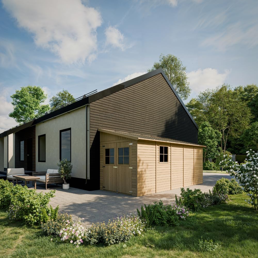 Abri de Jardin en Bois Naturel (avec paroi latérale) Plus Les PLANCHERS IMPRÉGNÉ- Stockage extérieur avec fenêtres- H244x218x514 cm/10 m2- Atelier Rangement Outils et vélos- TIMBELA M341A+M341G