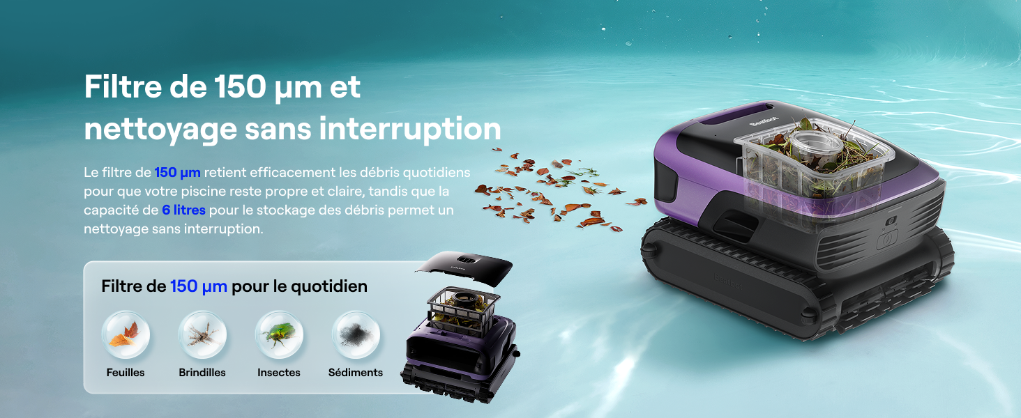 Le texte indique « Filtre de 180 μm et », « Nettoyage sans interruption ». Illustration du produit montrant les composants du système de filtration de couleur foncée.
