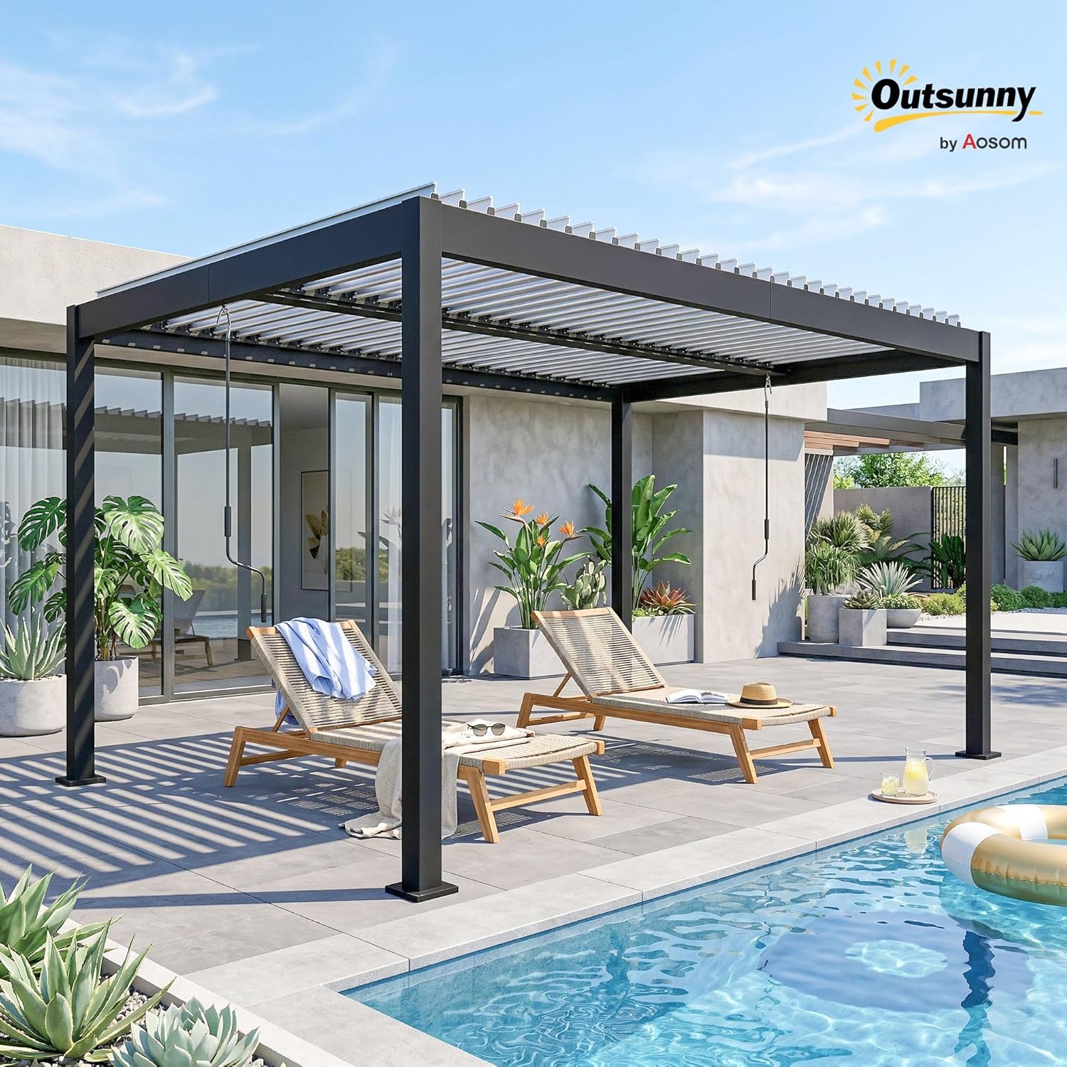 Outsunny - Pergola Bioclimatique - 4x3m - alu blanc, toit lames orientables, manivelle