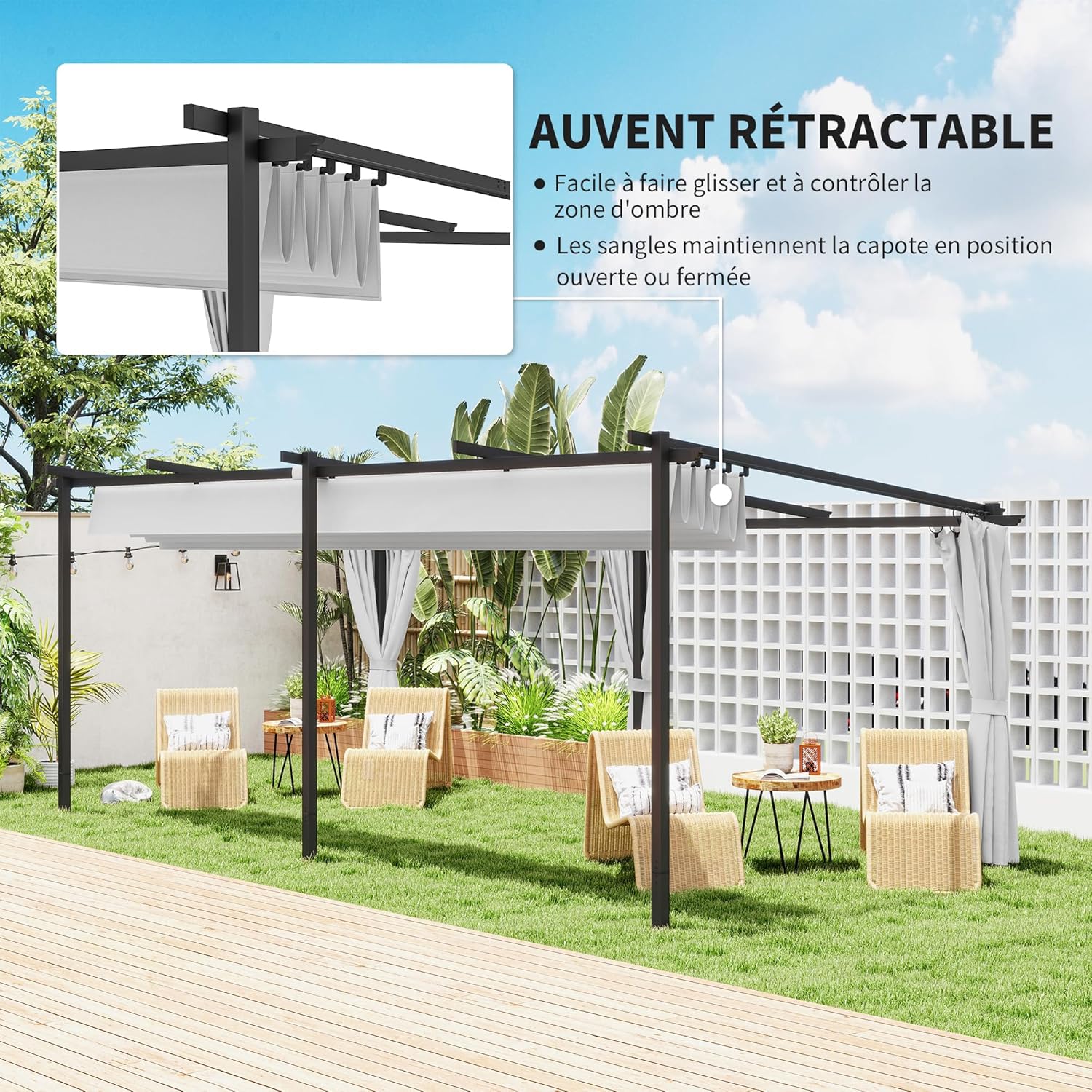 Outsunny - pergola rétractable - 3x6m - rideaux latéraux, UPF30+
