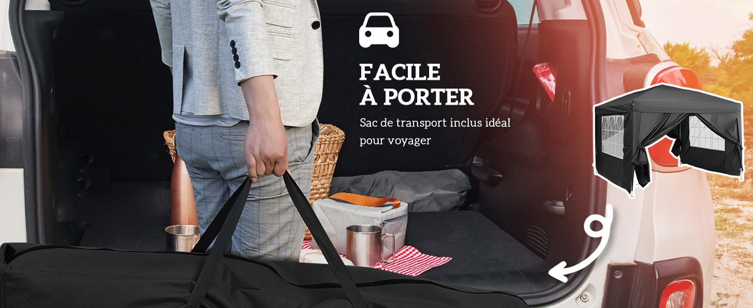 Organiseur de coffre pliable noir avec icône de voiture et texte en français. Personne chargeant des objets dans le coffre de la voiture, y compris un contenant métallique et du tissu.