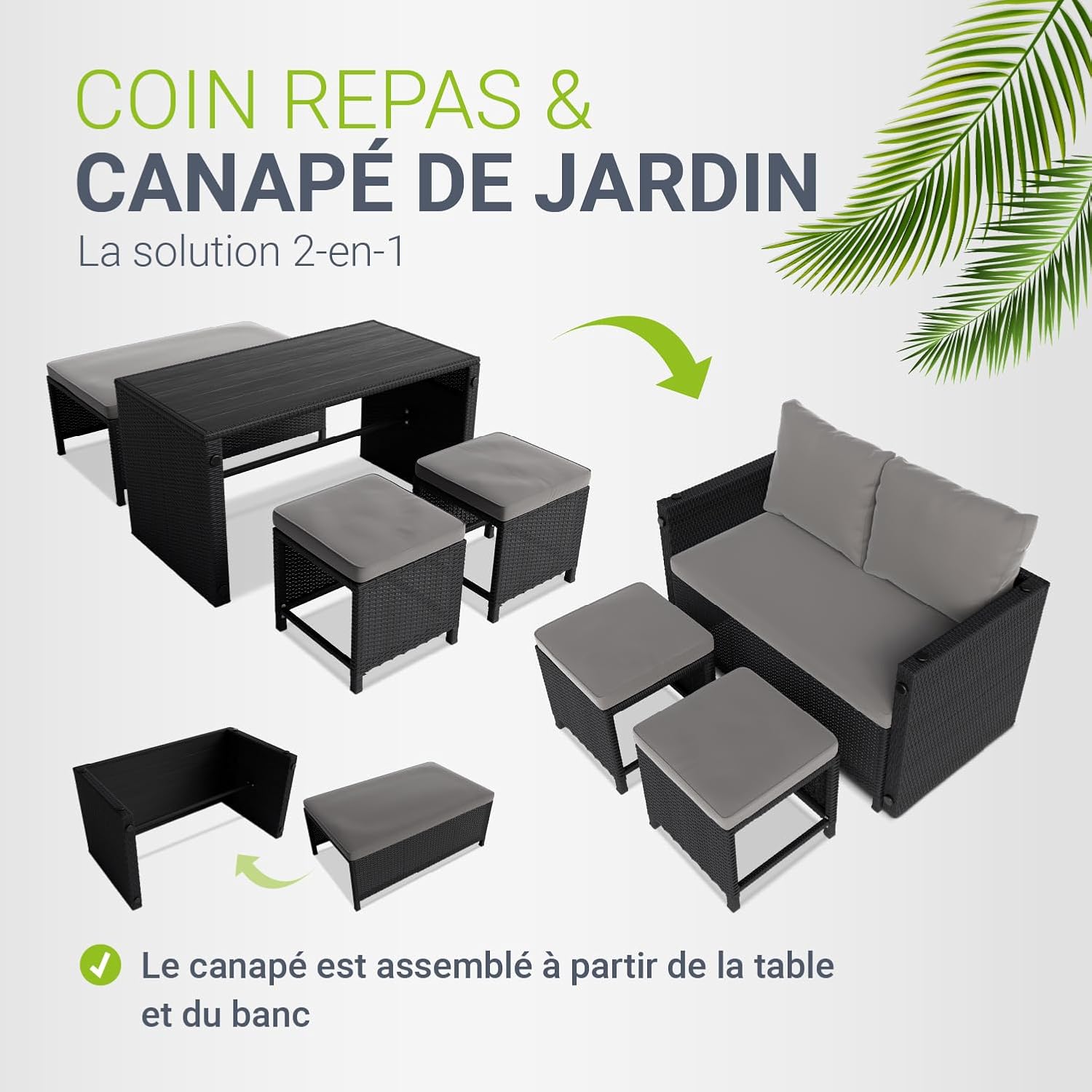 Juskys - Jamaika 2 en 1 - table, banc, 2 tabourets, coussins lavables, noir gris, jusqu'à 4 personnes