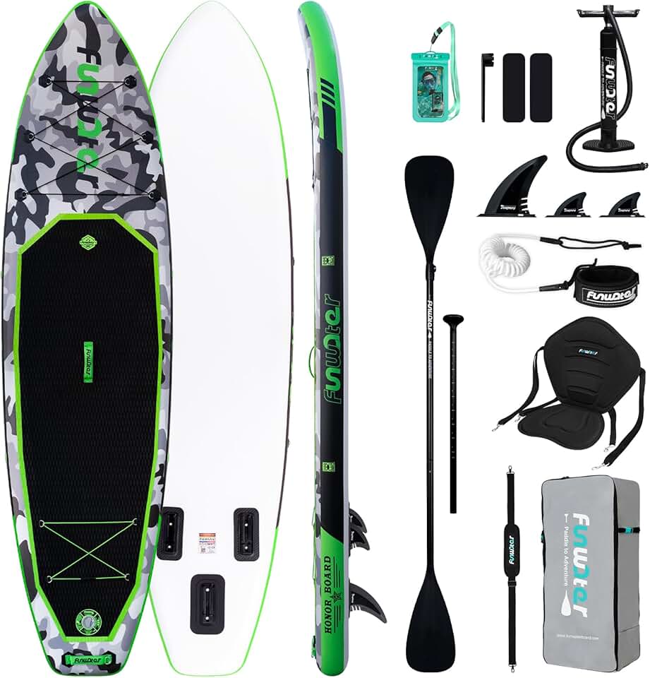 FunWater Planche de stand up paddle gonflable de 330 cm - Kit complet avec pagaie, sac à dos, étui pour téléphone portable, 3 palmes, pompe, siège et bandoulière - Planche de SUP pour débutants et