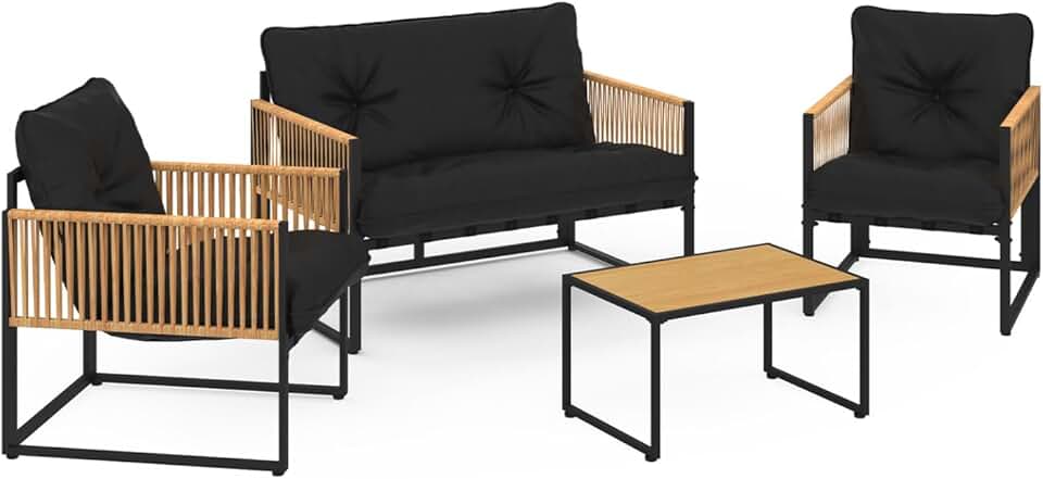 IDMarket - Salon de Jardin Bas Rio 4 Places - Structure métal noir, cordage rotin clair, coussins noirs