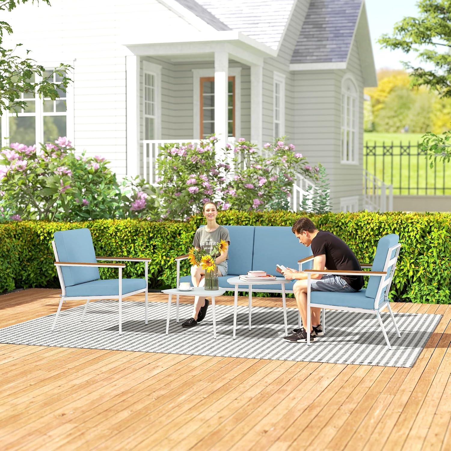 Outsunny - Salon de jardin 5 pièces, canapé 4 places, tables verre trempé, coussins inclus, bleu clair