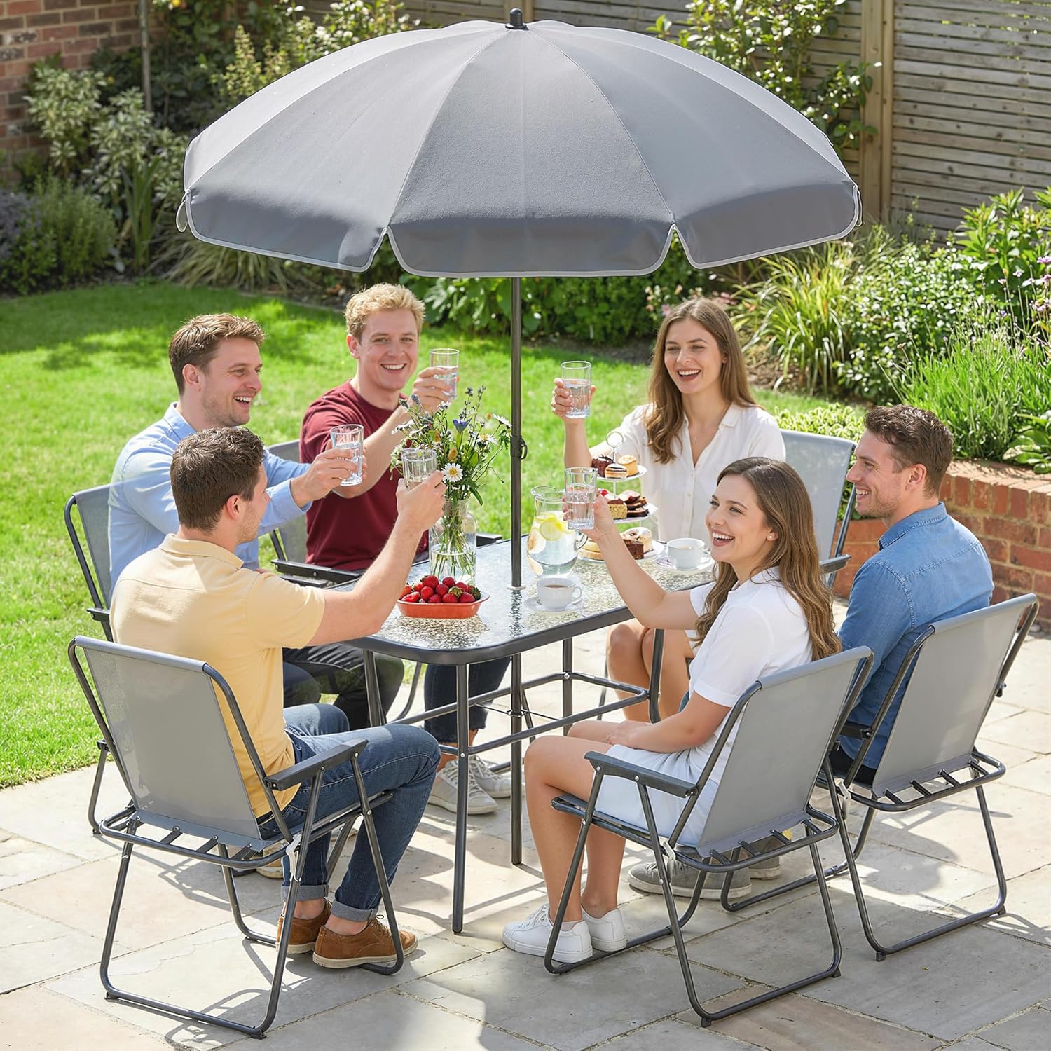 Outsunny - salon de jardin 8 pièces, table verre trempé, acier antirouille, chaises pliantes, parasol, Gris