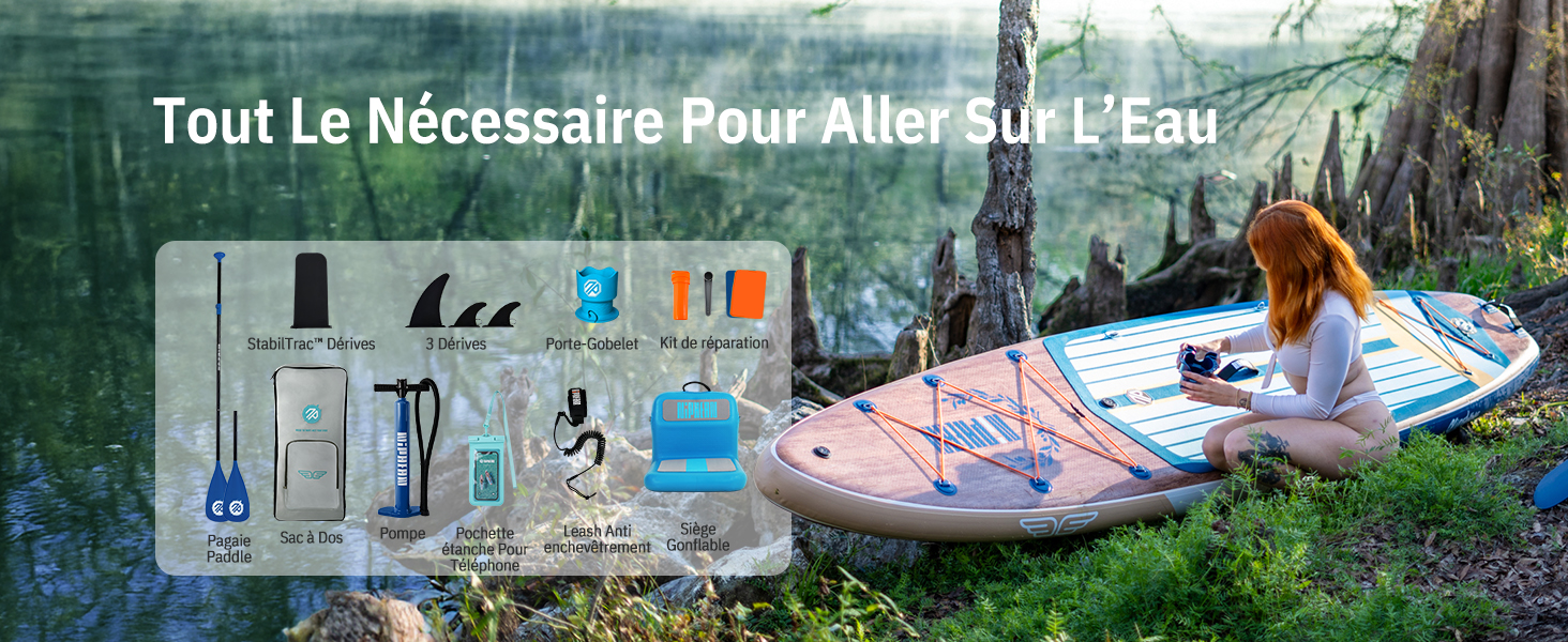 Le texte se lit comme suit : « Tout Le Nécessaire Pour Aller Sur L'Eau ». Composite montrant des équipements et des fournitures de sports nautiques exposés avec des kayaks et des planches à pagaie sur fond d'eau.