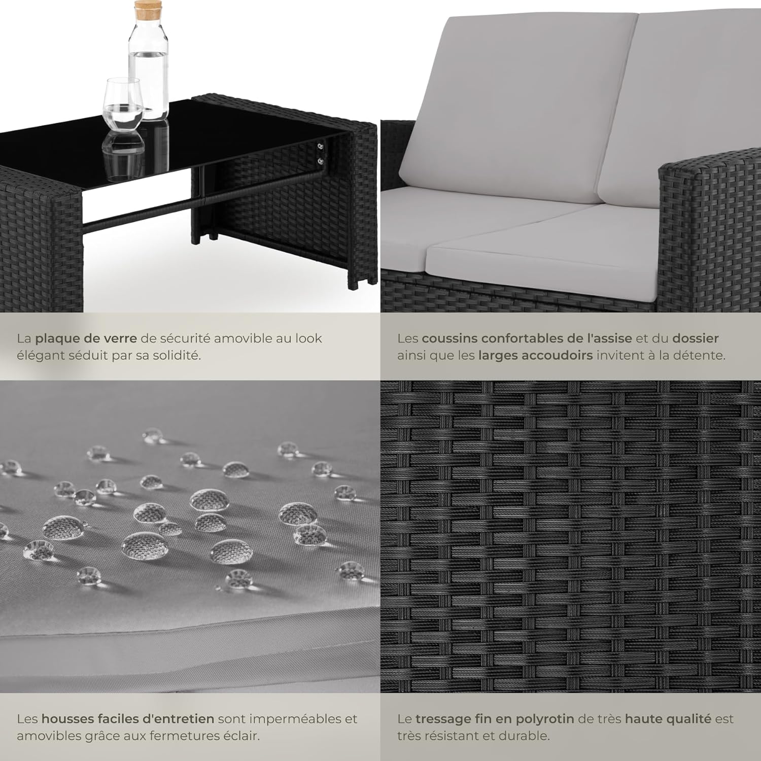 TecTake - Salon de jardin rotin 4 places - canapé, fauteuils, table, coussins confortables