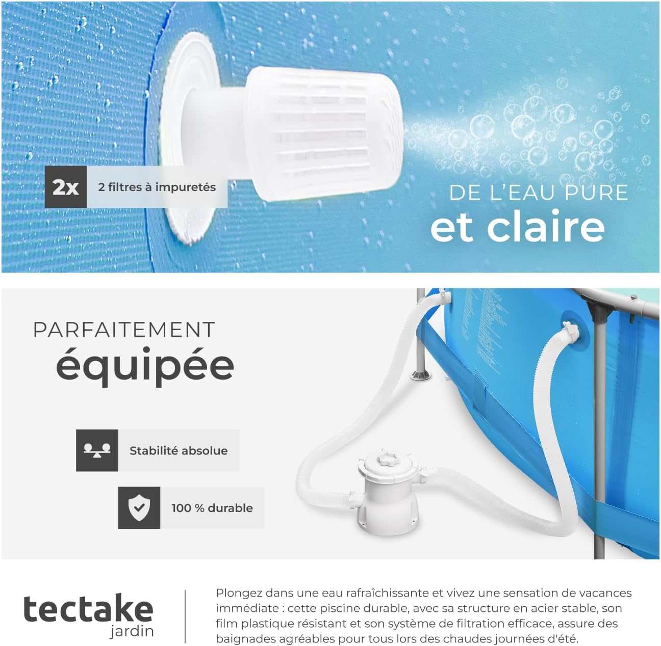 tectake® Piscine Tubulaire Ronde Piscine Hors Sol Ø360 x 76 cm Bleu, Structure en Acier, PVC Résistant aux UV & à la déchirure, avec Pompe Piscine à Filtre, Montage & démontage Facile