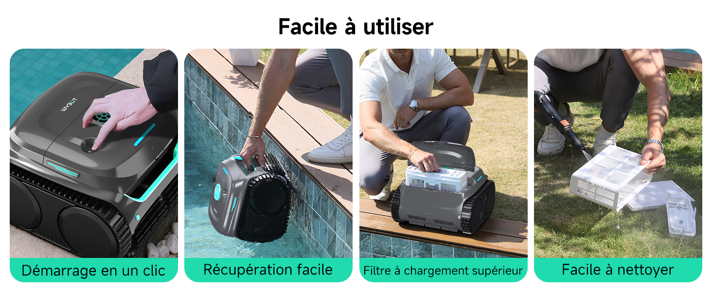 Le texte indique « Facile à utiliser ». Quatre panneaux d'instructions présentant les étapes d'application du produit : application de poussière, épandage, ratissage du sol et résultat final avec une bannière verte étiquetant chaque étape.