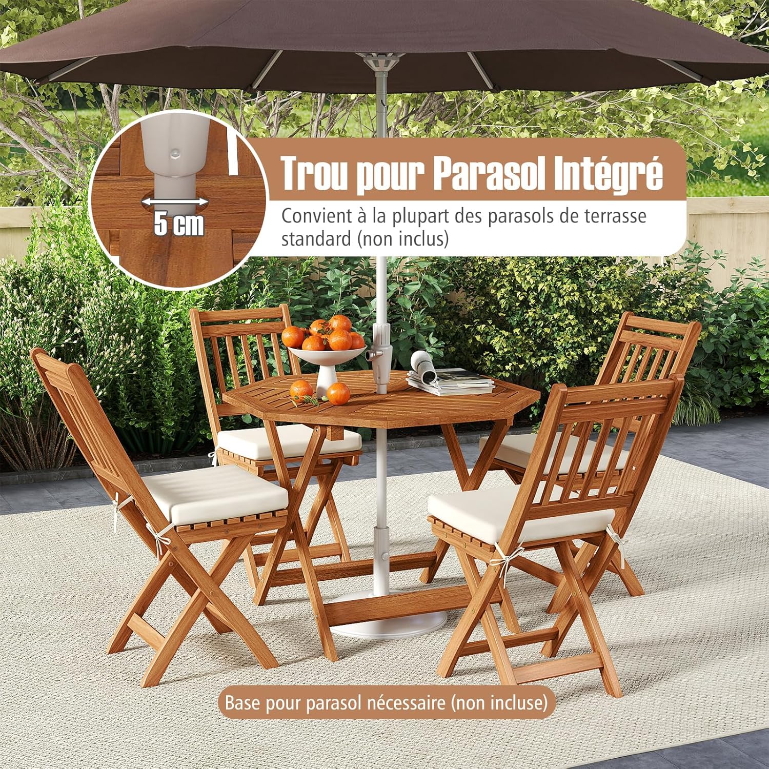 GOPLUS - Table de jardin octogonale - 90x72cm - bois, plateau lattes, trou de parapluie, charge 30kg