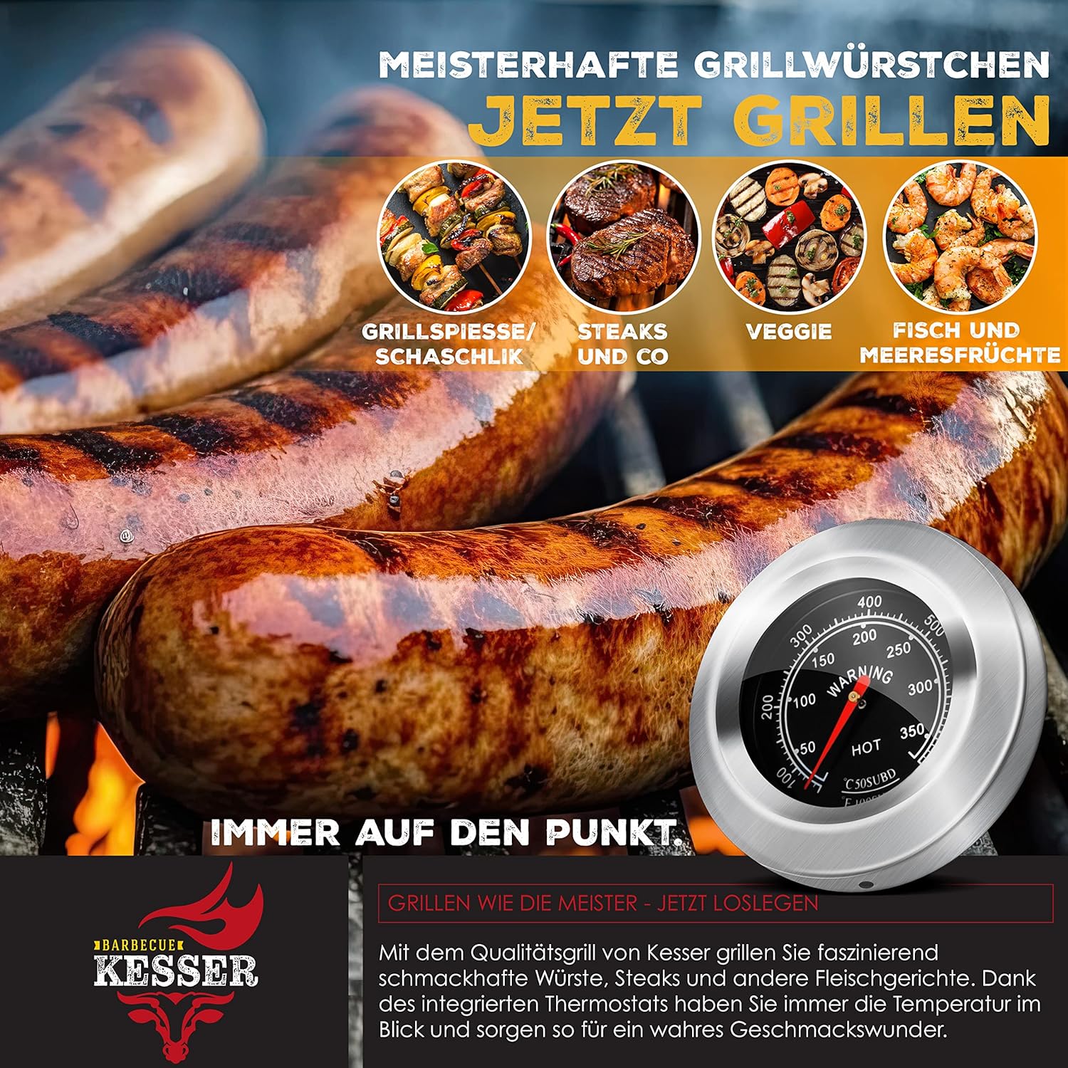 KESSER - Chariot Barbecue XL - grille, couvercle, thermomètre, inox, roues