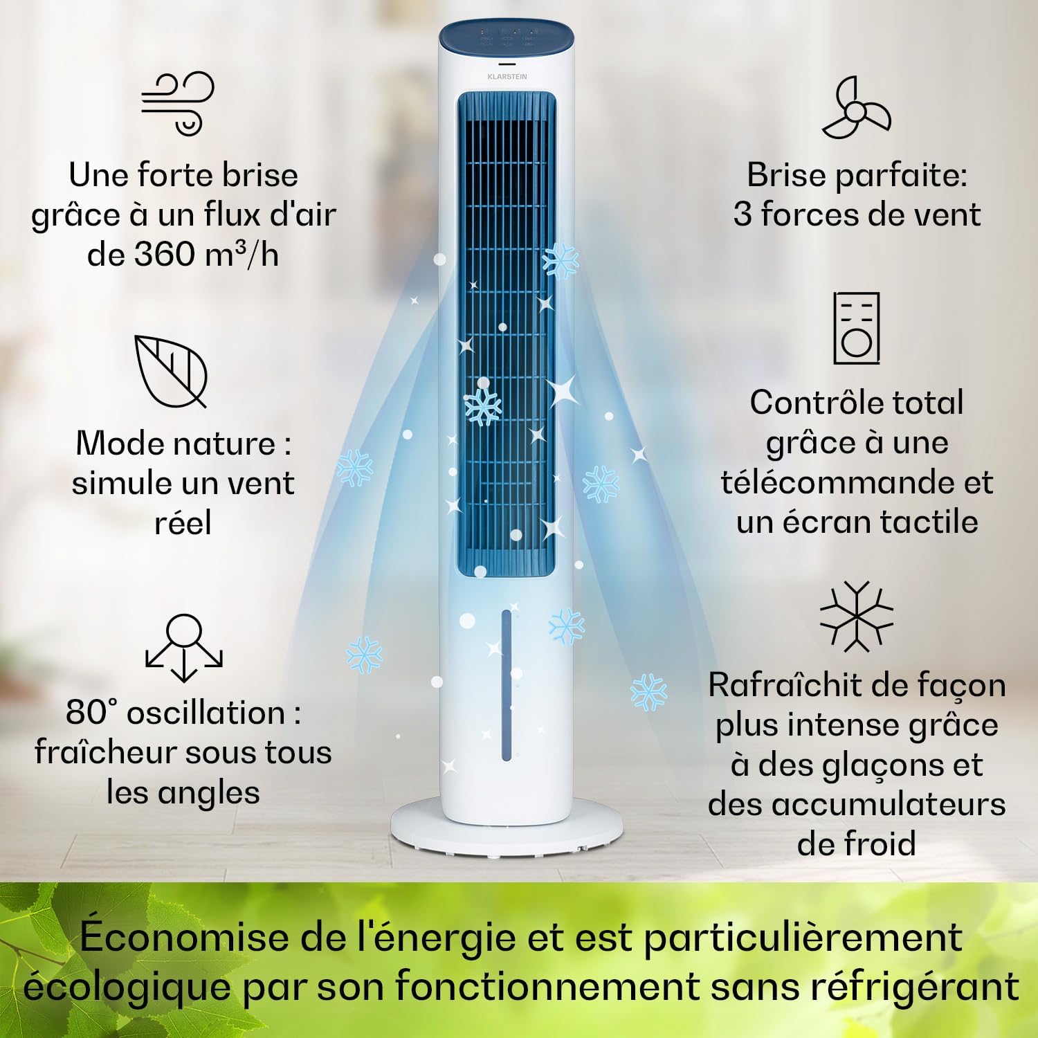 Klarstein Rafraichisseur d'Air Mobile 5-en-1, Ioniseur, Refroidisseur d'Air par Evaporation, Silencieux avec Mode Nuit, Humidificateur, Ventilateur, Purificateur, 50W, Débit d'air de 360m³/h