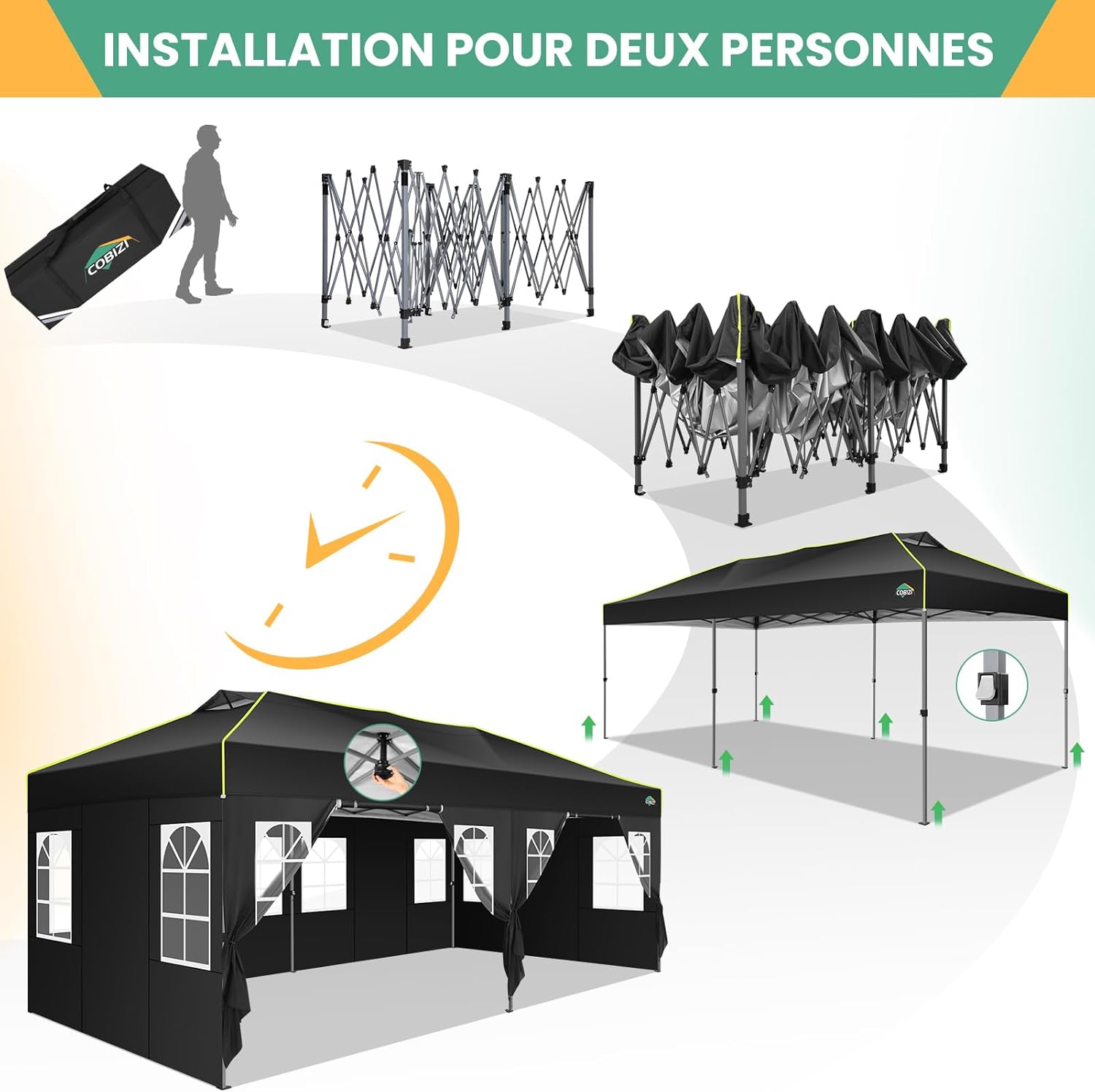 COBIZI - tonnelle pliante série avec verrouillage central 3x6m, UV 50+