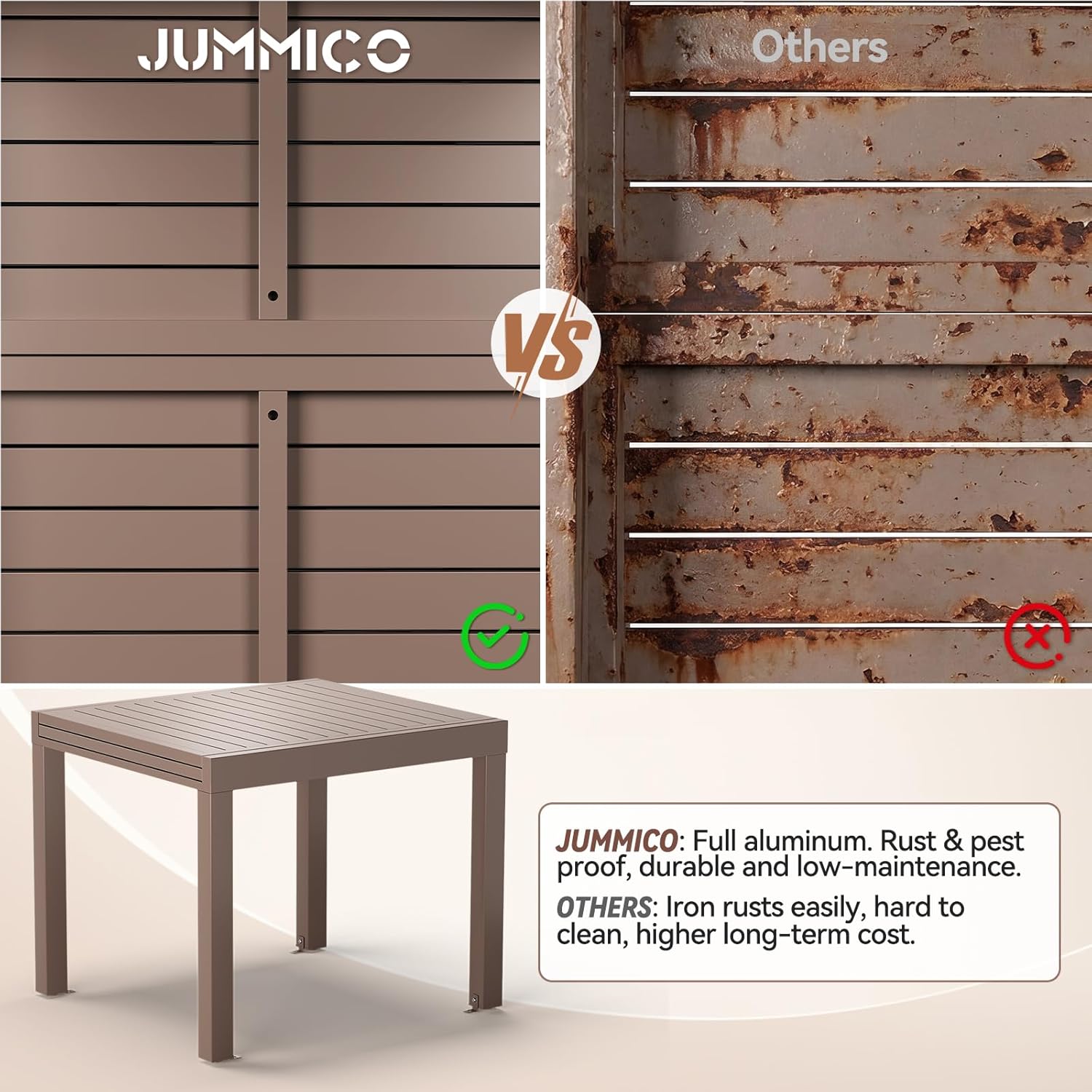 JUMMICO - Table extensible 163x80cm - aluminium, facile entretien, 6-10 pers.