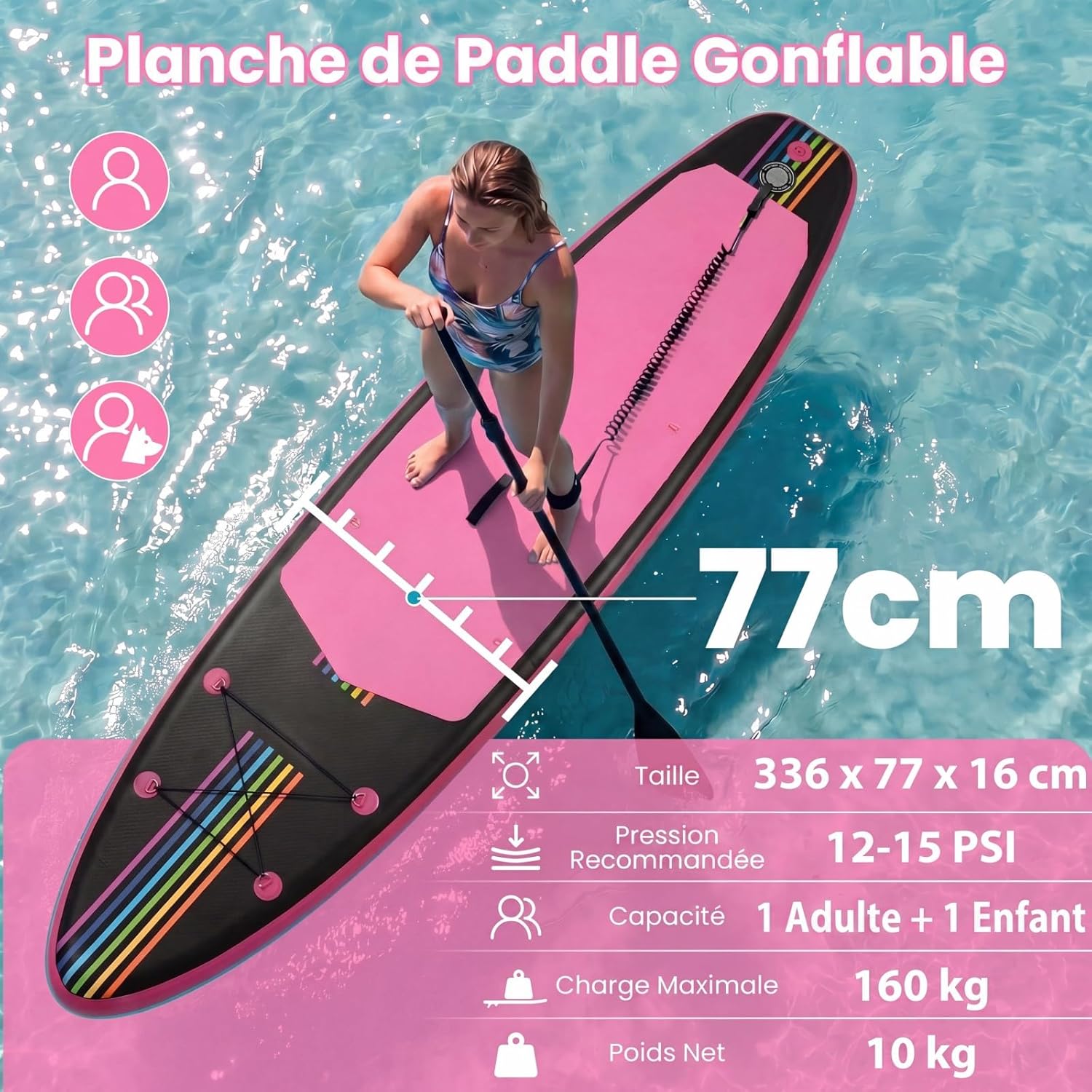 HOMASIS - Planche à pagaie gonflable 336x77x16cm, légère, accessoires, 336x77x16