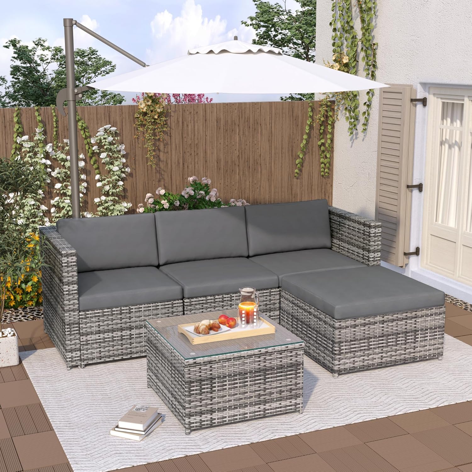 Sapgaks - Salon de jardin 3 places  - rotin, coussins, table verre, gris