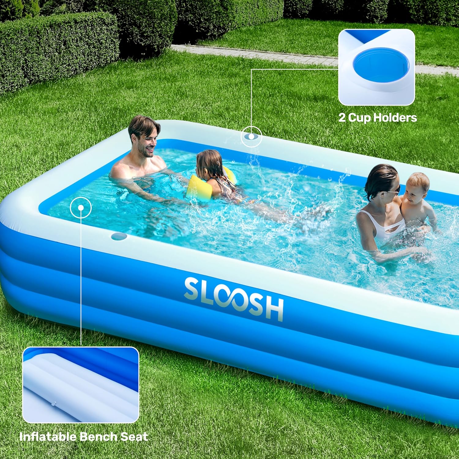 Sloosh - piscine gonflable familiale - 304,8x182,8x55,8 cm - sièges intégrés, épaisse et durable