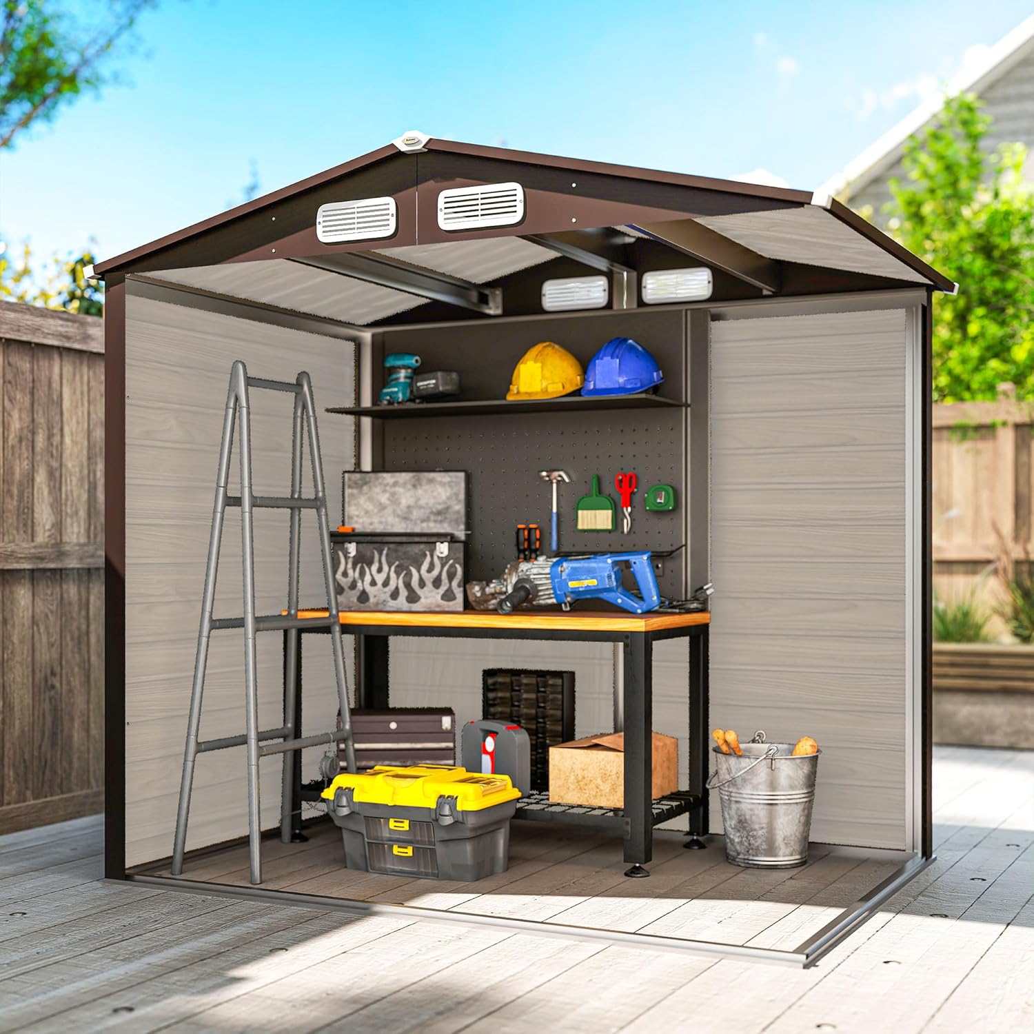 Outsunny Abri de Jardin en métal 2,27 m², Structure en Acier galvanisé améliorée, abri à Outils extérieur, toiture 2 pans avec aérations, Gants et Cadenas Inclus, 190x131x188cm, chêne