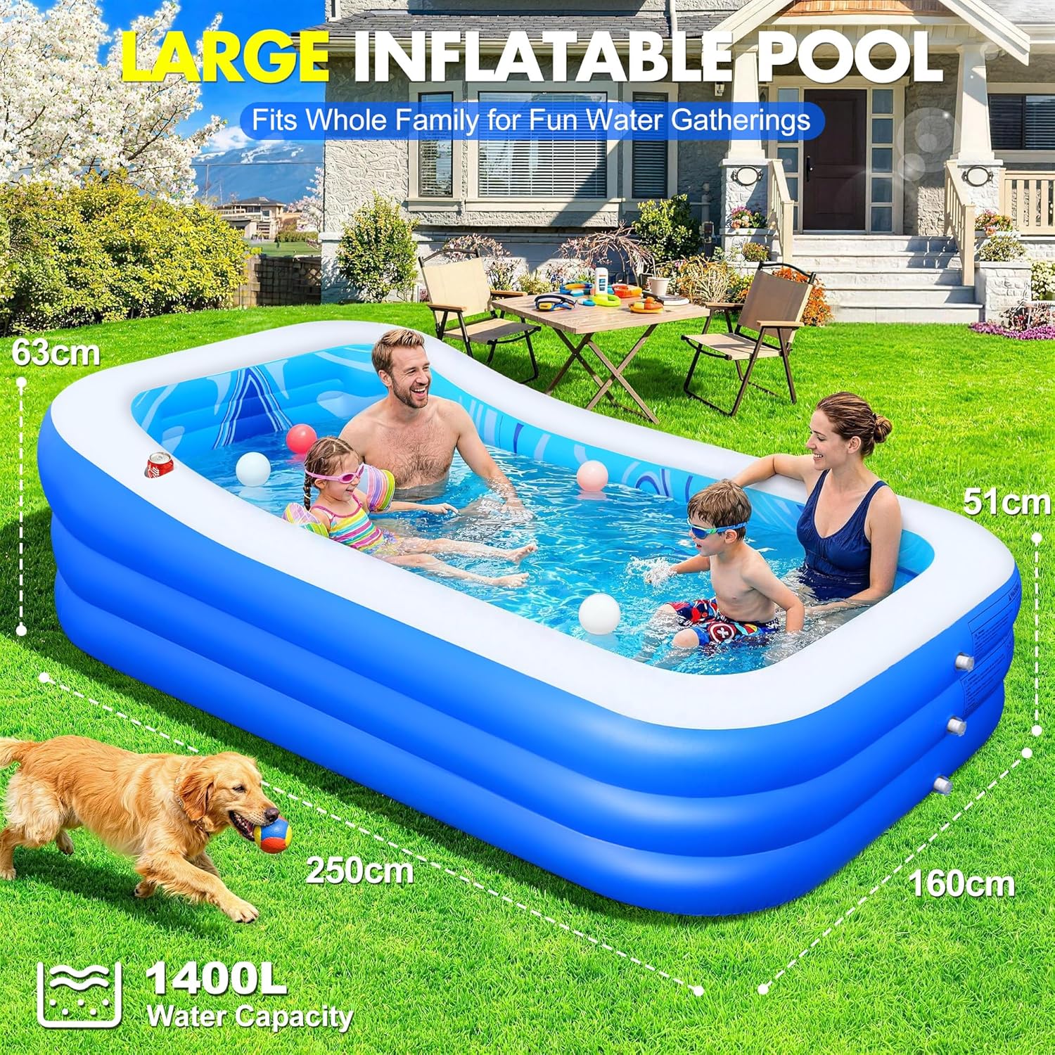 LuxBlue Piscine Gonflable Adulte, Piscine Familiale avec Siège et Dossier, 0.5mm Épaissi Piscines Rectangulaire Gonflable avec Porte-Gobelet, 250*160*63cm Pataugeoire Grande Piscines Gonflable Jardin