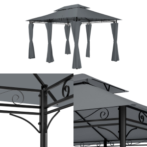 Schéma technique montrant différentes vues et détails structurels d'un belvédère ou d'un pavillon extérieur en gris foncé.