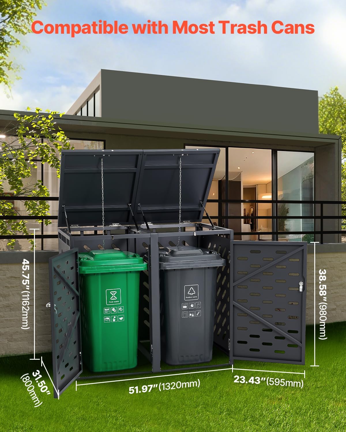 VEVOR Abri pour poubelles, 2 x 240 L, Rangement pour poubelles Horizontal, avec Couvercle à chaîne, boîte de Rangement à poubelles d'extérieur, étanche et verrouillable, pour Jardin, Cour et terrasse