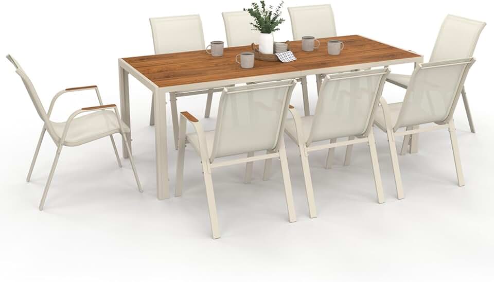 IDMarket - Noumea Salon jardin 190 cm verre-bois, 8 chaises empilables