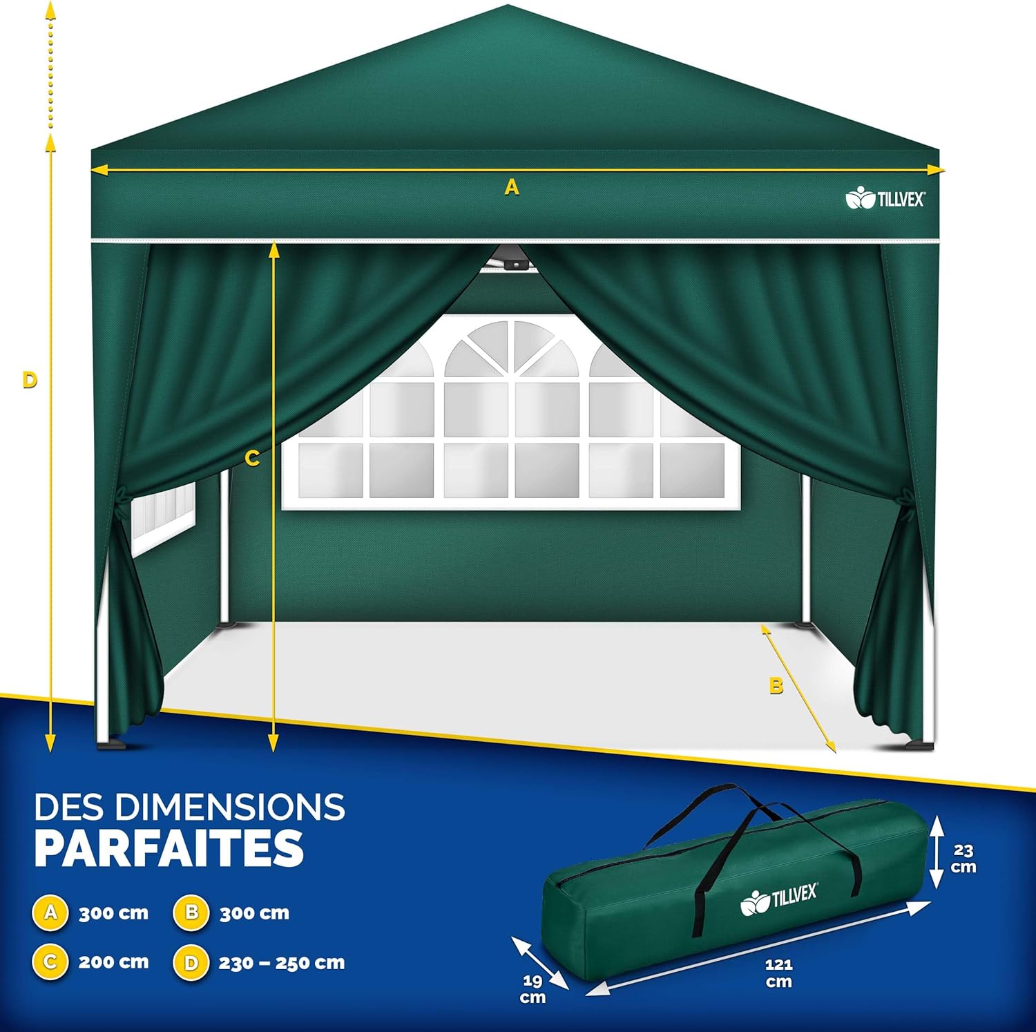 tillvex - tonnelle pliante 3x3m - hauteur réglable, 4 côtés, UV50+