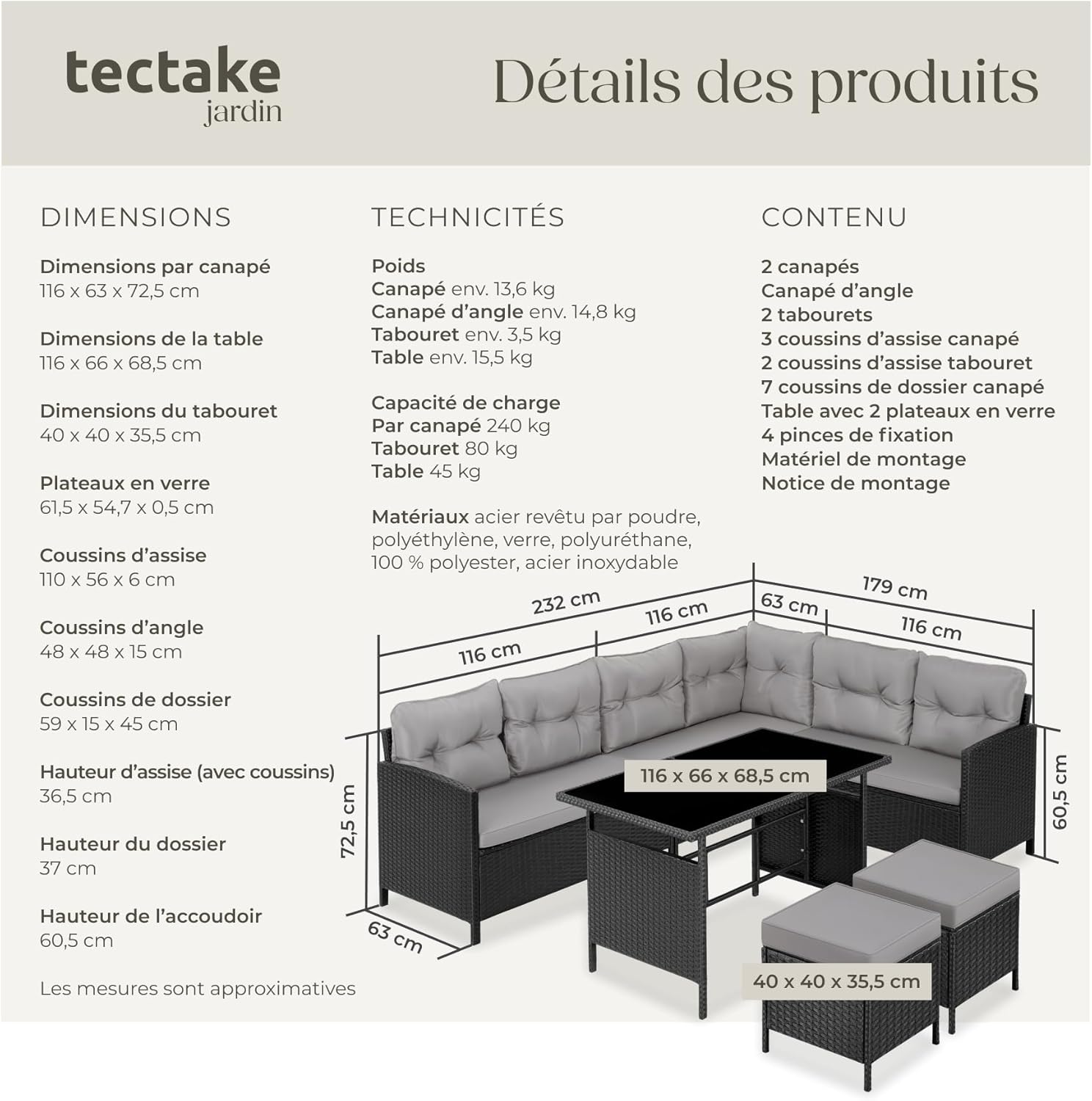 tectake - salon jardin modulable rotin - canapé angle, verre, poufs, coussins