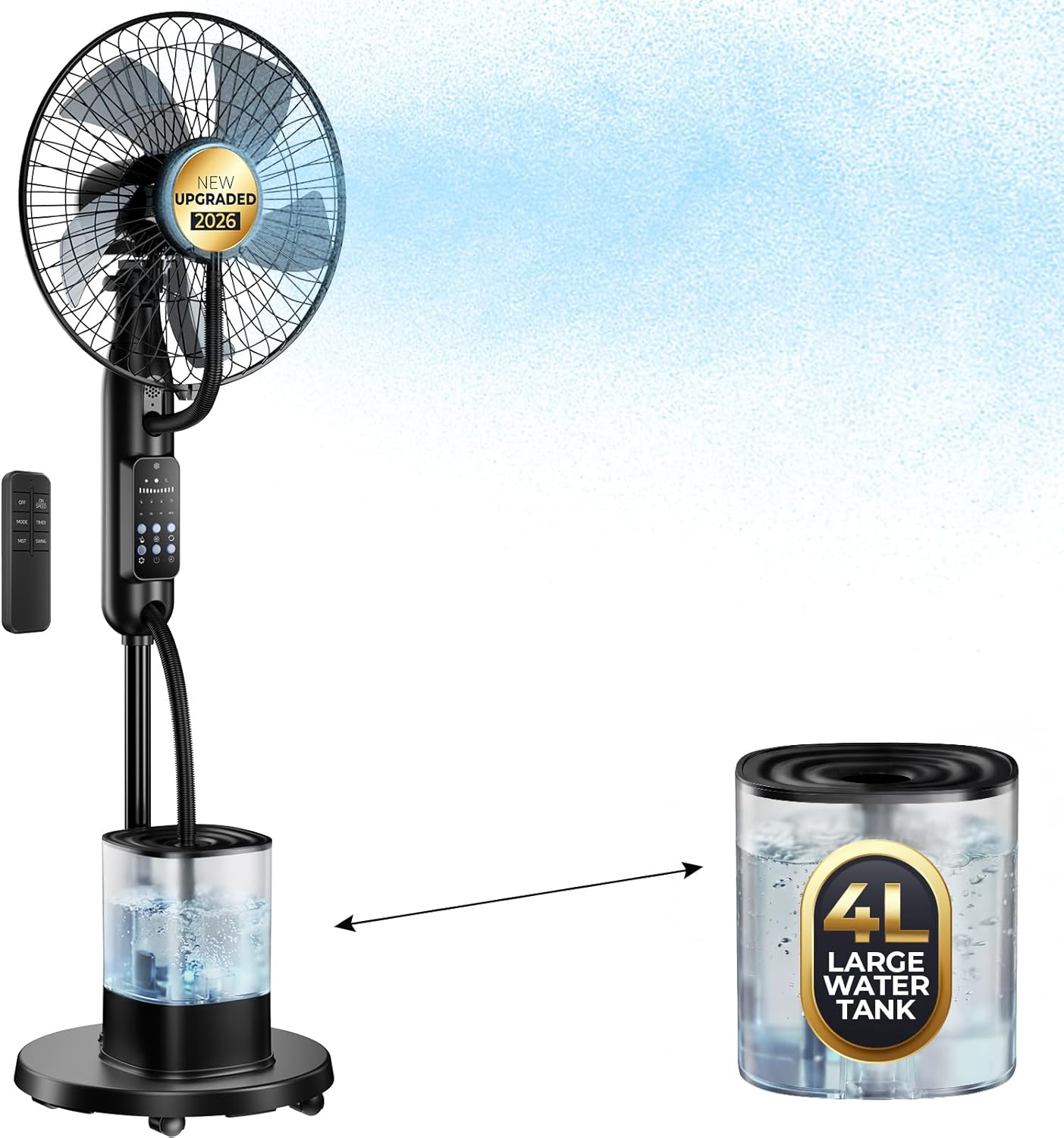 NebulaFlow - Ventilateur Brumisateur Amélioré - réservoir 4L, oscillant, 5 vitesses, minuterie, télécommande, 7,5h