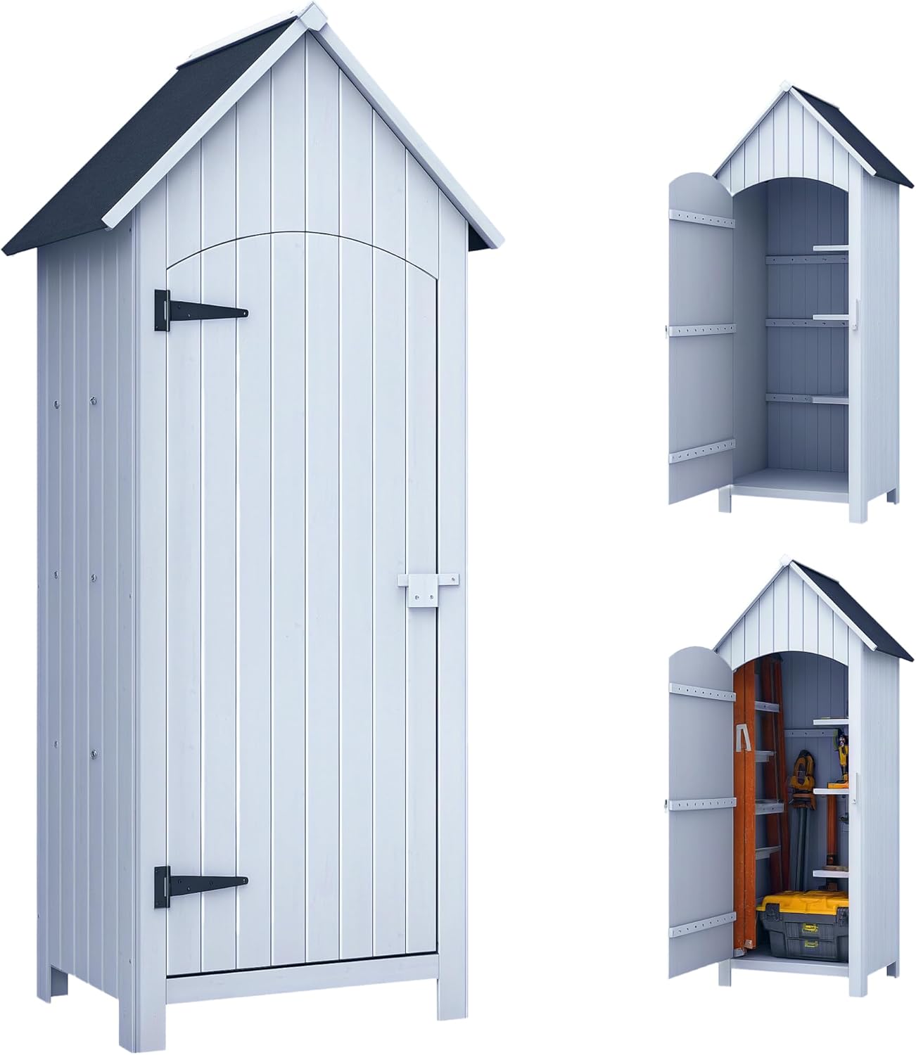 Outsunny Abri de Jardin en Bois cabane de Jardin Exterieur Armoire de Jardin avec Toit bitumé 3 étagères Porte avec loquet Rangement et Stockage extérieurs pour terrasse 77,5 x 54,2 x 179,5 cm Blanc