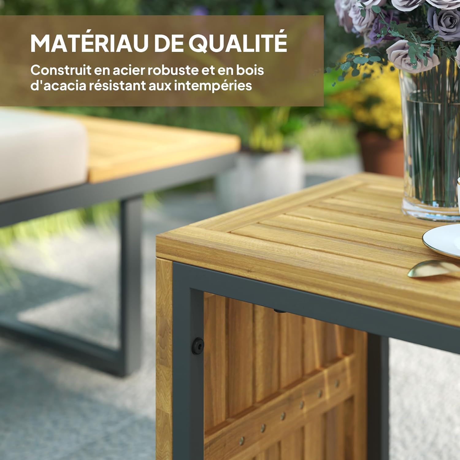 Outsunny - salon de jardin bois acacia 6 places modulable - coussins, dossier ajustable, gris