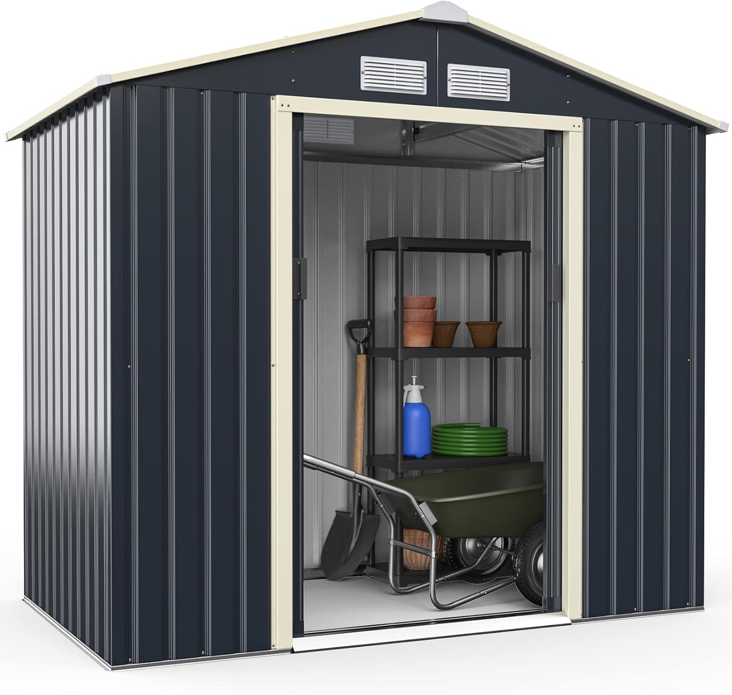 COSTWAY - Abri de Jardin Métal - 213,5x127x194,5cm - 2 portes coulissantes, toit incliné, 4 aérations