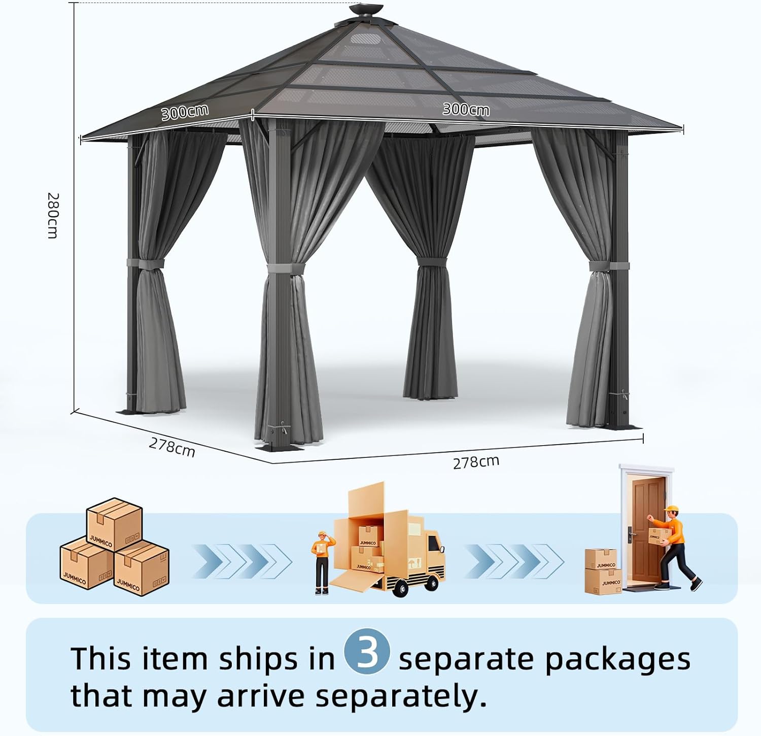 JUMMICO - tonnelle aluminium série jardin 3x3m, toit transparent, solaire, imperméable