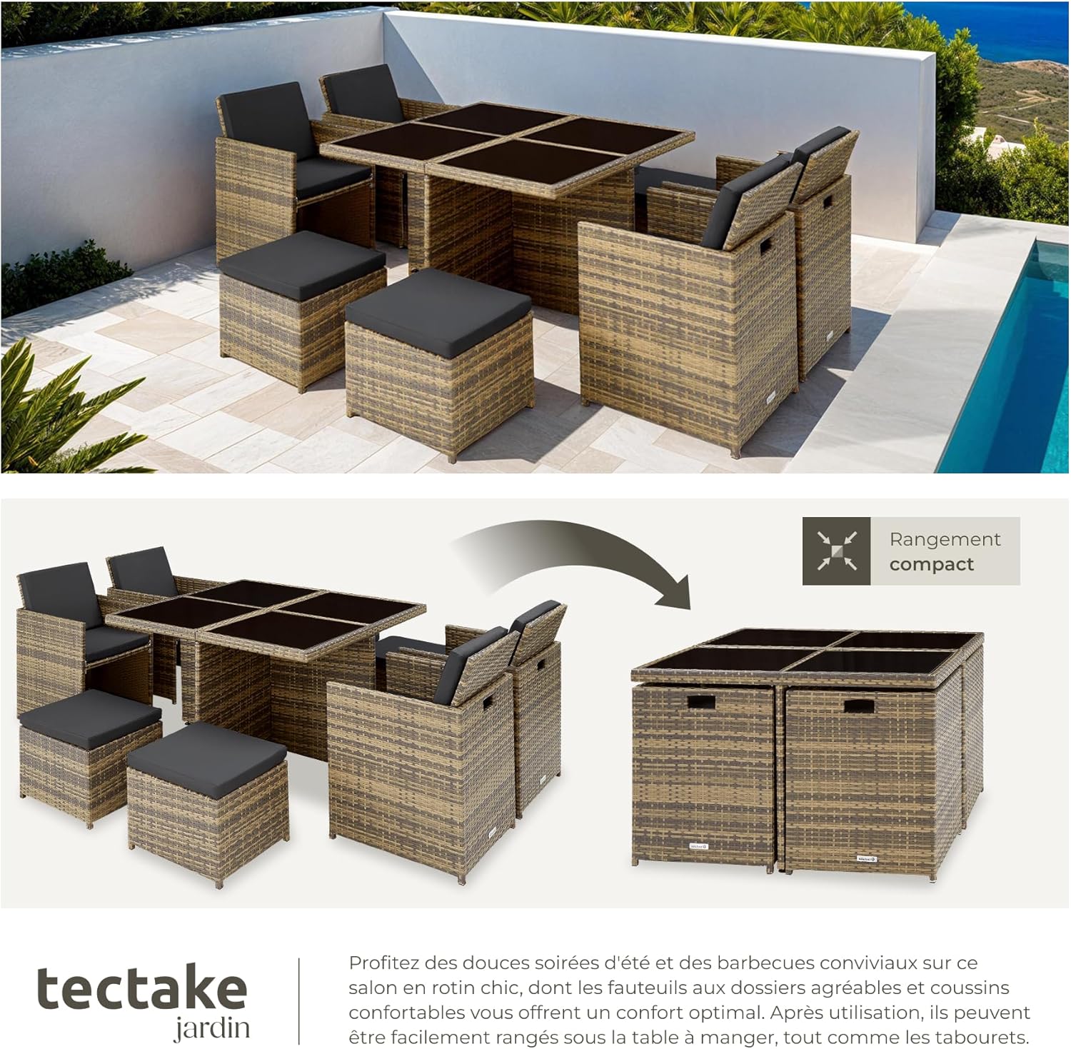 tectake - Salon de jardin 8 places - alu, poly rotin, marron naturel