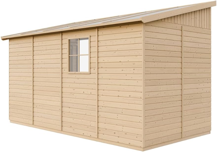 TIMBELA M340 Abri de Jardin en Bois Naturel (sans paroi latérale)- Stockage extérieur avec fenêtres- H243x216x416 cm/8 m2, Hangar en Bois Naturel - Atelier Rangement Outils et vélos The Forest Stewardship Council